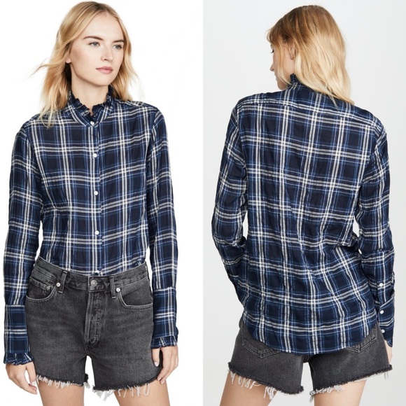 Nili Lotan Vivian Plaid Button Down in Navy White - Large - Picture 14 of 15
